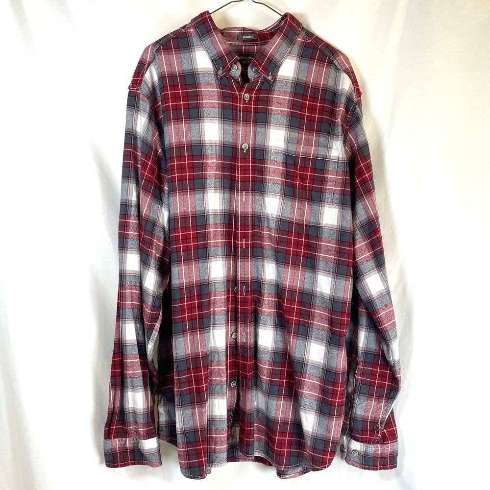 EDDIE BAUER Flannel Shirt Men XL Tall Red Black Plaid Relaxed Fit Lumberjack
